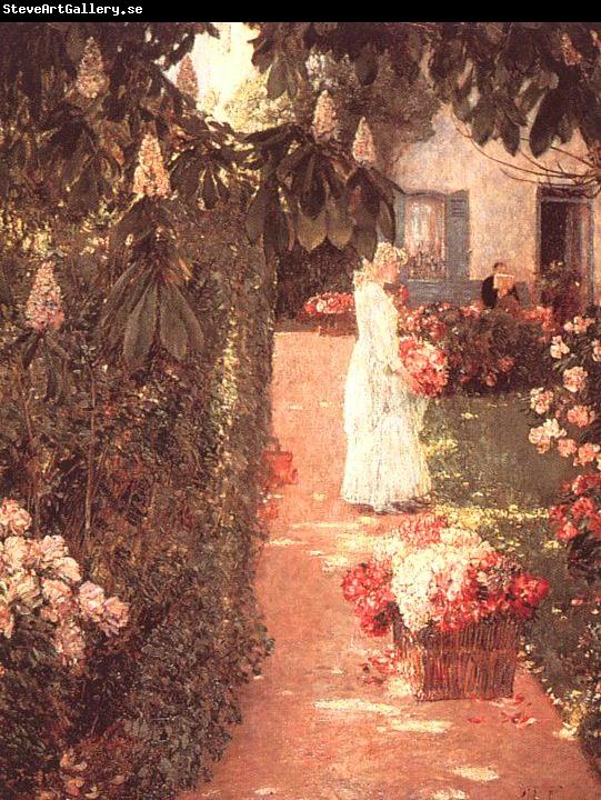 Childe Hassam Gathering Flowers in a French Garden